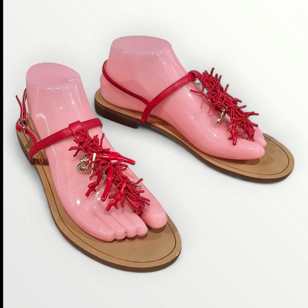 CHICO'S Red T-Strap Vegan Beaded Charms Sandals 8.5M